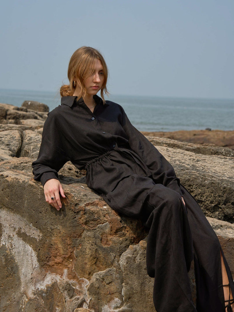 ZURI LINEN SLIT FLARED PANTS